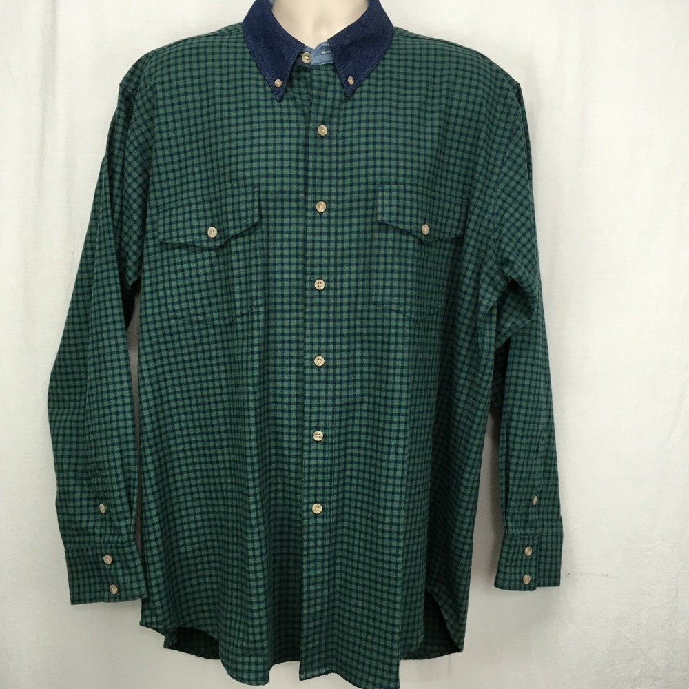 Vintage Roper Mens XL Button Down Shirt Green Blue Plaid Long Sleeve Jean Collar